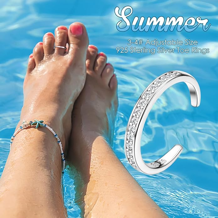 FIBO STEEL 3 PCS Toe Rings for Women 925 Sterling Silver Adjustable Toe Rings Open Cuff Toe Rings CZ Daisy Moonstone Ring Band Rings Beach Foot Jewelry Set
