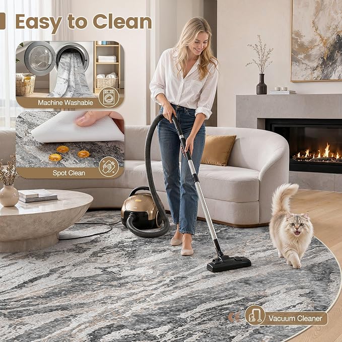 Area Rugs for Living Room: 8ft Round Abstract Washable Rug Modern Neutral Large Soft Stain Resistant Non-Slip for Bedroom Dining Room Indoor Home Office Carpet - Tapue