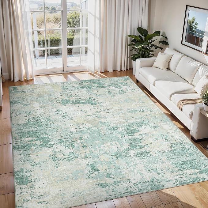 ROYHOME Modern Abstract Area Rug 10x13 Non Slip Non Shedding Rug Low Pile Stain Resistant for Bedroom Living Room,Green