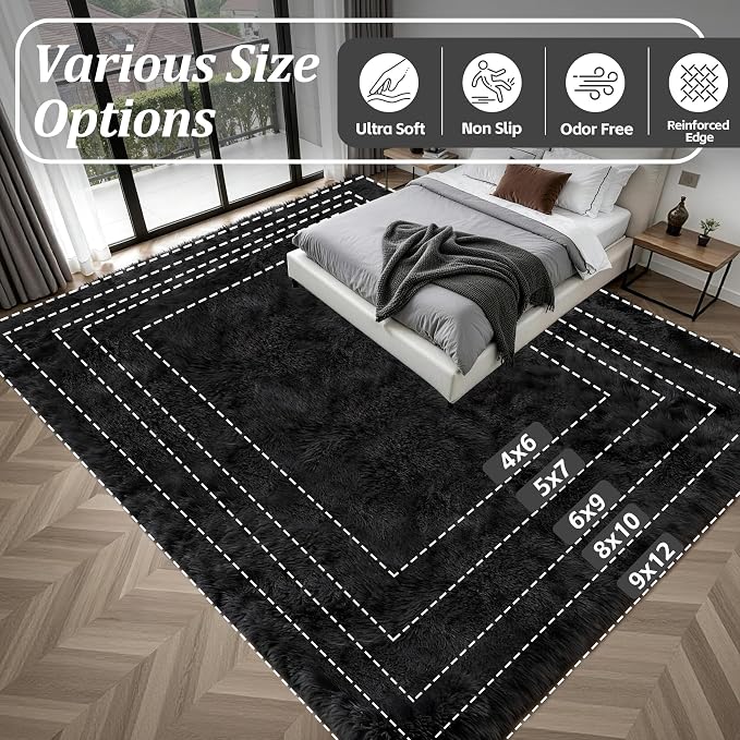 6x9 Area Rugs for Living Room Bedroom: Ultra Soft Fluffy Shag Rug Upgrade Non-Slip Non-Shedding Large Fuzzy Plush Carpet Indoor Floor Carpets for Kids Room Playroom Nursery Dorms Home Decor Black