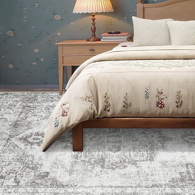 Area Rug 5x7 Vintage Rugs: Washable Indoor Medallion Rug Low Pile Distressed Floor Carpet Retro Accent Rugs for Living Room Bedroom Kitchen Dining Table Home Office(Grey, 5'x7')