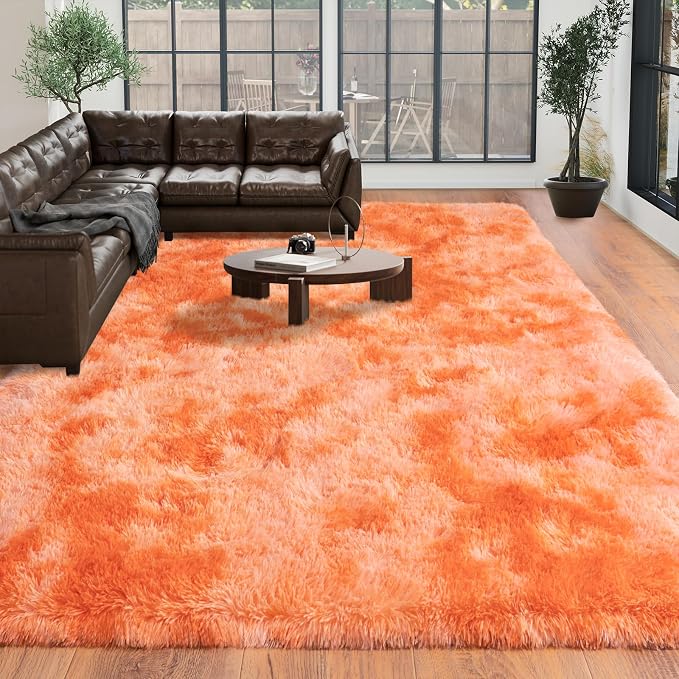 5x7 Area Rugs for Living Room, Orange Tie-Dyed Plush Fluffy Carpet | Upgrade Non-Slip Thick Large Orange Area Rug for Nursery Kids Room Dorm Room Home Decor, Indoor Plush Floor Carpet