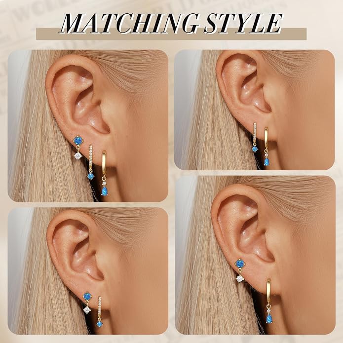 Angelady Opal Earrings Set for Women, Hypoallergenic S925 Sun Stud Earring for Sensitive Ears, Dainty Hoop Huggie Silver Opal Dangle Earring Stacks, Blue Earrings for Women Trendy 2025