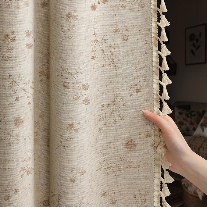 Boho Floral Spring 100% Blackout Curtains 84 Inch Length 2 Panels Set, Linen Texture Farmhouse Curtains with Beige Tassel for Living Room Bedroom, Vintage Rustic Rod Pocket,Beige