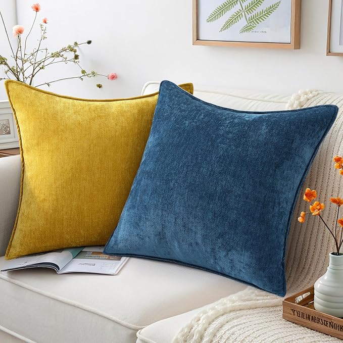 decorUhome Chenille Poseidon Velvet Throw Pillow Covers 26x26 Set of 2 | Fall Soft Euro Sham Couch Decorative Modern Farmhouse Pillow Cases with Elegant Design for Sofa Bed Living Room Home Decor