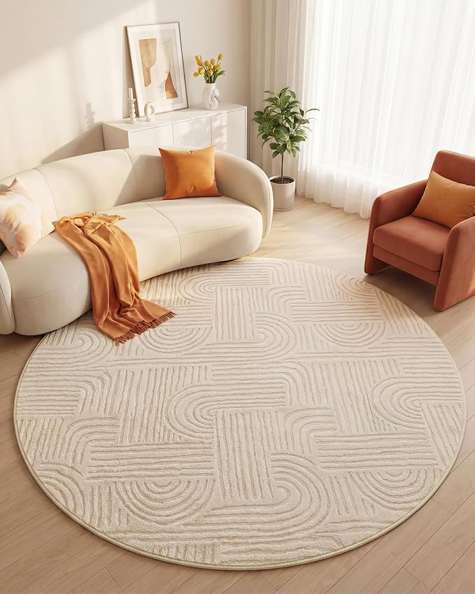 Carvapet 5.2' Round Rug Beige Washable High Low Pile Area Rugs Soft Plush Carpet for Living Room Bedroom Non Slip Indoor Floor Rug for Home Kids Nursery Decor