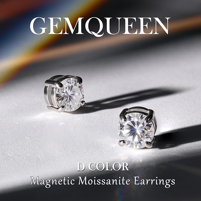GEMQUEEN Moissanite Magnetic Earrings for Men Women : 18K White Gold Plated Hypoallergenic Stainless Steel Non Piercing Clip on Fake Earrings Studs Dainty Moissanite Earring Jewelry D Color VVS1