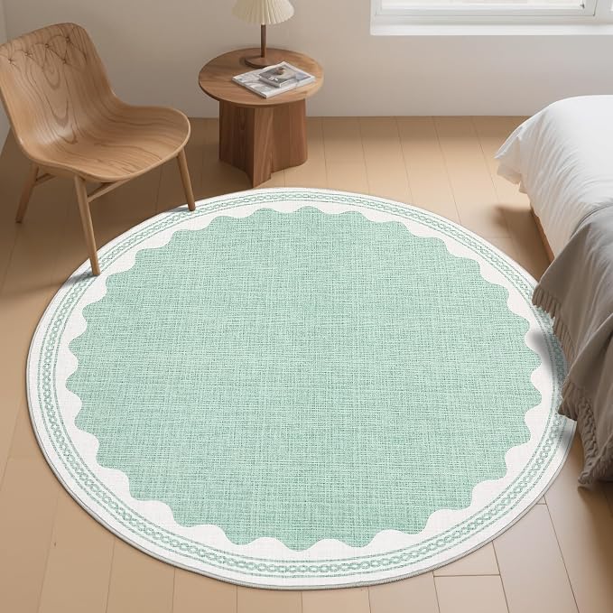 6ft Scalloped Round Rug Green Washable Living Room Bedroom Area Rug | Small Solid Rug for Bedroom Girls, Non Slip Scalloped Round Bath Mat, Soft Dorm Nursery Carpet for Bedside