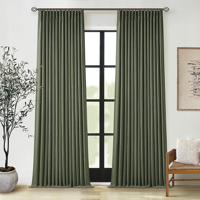 Olive Green Pinch Pleated Linen Blackout Curtains 90 Inch Long for Bedroom | 100% Black Out Thermal Insulated, Pinch Pleat with Ring Hooks Back Tab, Room Darkening Drapes with Liner, for Living Room