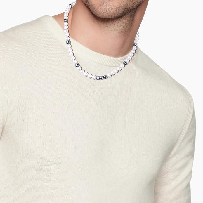 GAVU Men's Pearl Necklace, Pearl Jewelry Crystal Beaded Necklace for Men 20"/22"/24"/26"