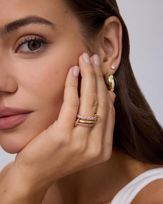 PAVOI 14K Gold Plated Interlocking Ring for Women - Chunky Connected Bands Interlock Stackable Rings for Women - Trendy Cubic Zirconia Two Tone Interlocked Multi-Band Statement Jewelry