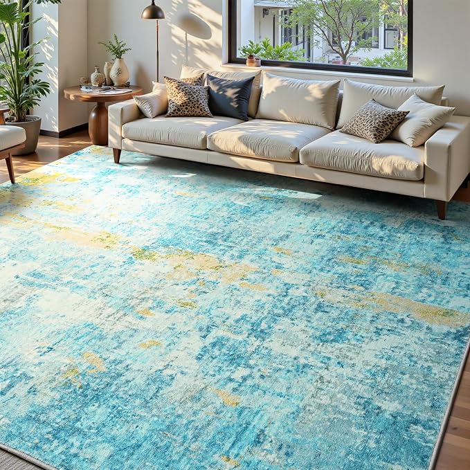 Ompaa Living Room Rug 6x9 Teal Blue Area Rug Machine Washable Boho Rug Non Slip Abstract Vintage Indoor Large Rugs for Bedroom, Classroom, College Dorm, Farmhouse, Dining Room, Kids Playroom
