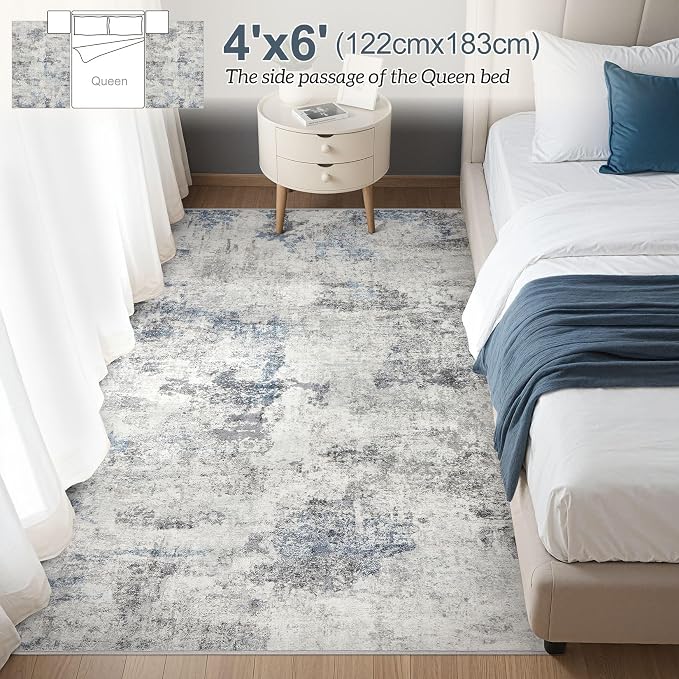 DMOYEST 4x6 Area Rug - Washable & Non Slip Indoor Rug for Living Room, Ultra Soft Abstract Low Pile Carpet, Kid & Pet Friendly Neutral Decor for Bedroom - Grey Blue