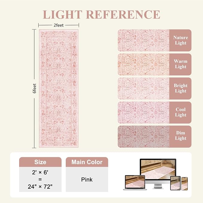 DUKINO 2x6 Runner Rug, Washable Vintage Floral Kitchen Rug, Pink | Non Slip, Low Pile, Stain Resistant Boho Soft Throw Carpet Runner for Hallway Bathroom Laundry Bedroom Entryway, Non-Shedding