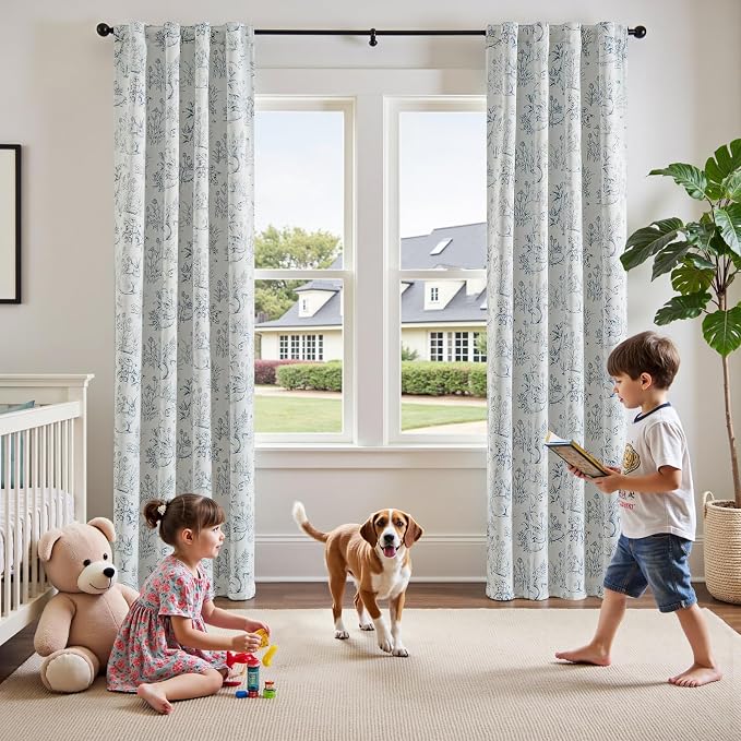 jinchan Blue Blackout Curtains W38xL84 Whimsical Back Tab 2 Panels | Room darkening,nursery kids bedroom,privacy,whimsical,cottagecore,bunny pattern,botanical,nature-inspired decor