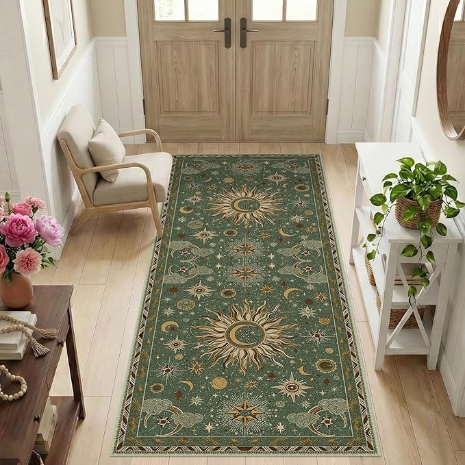 Vacuum-Friendly, 2x6 Washable Area Rug, Green Brown | Sun and Moon Boho Gothic Non-Slip Low Pile Living Roon Bedroom Dining Room Kitchen Entry Entryway Entrance Hallway Doormat