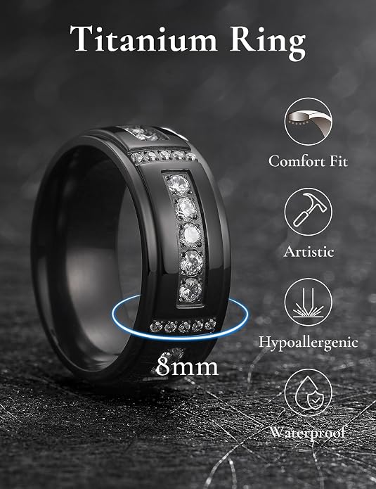 King Will Men's Titanium Wedding Band - 8mm Polished Band with Step Edges and Cross Design Featuring White Zirconia Insets Comfort Fit Size 7-14