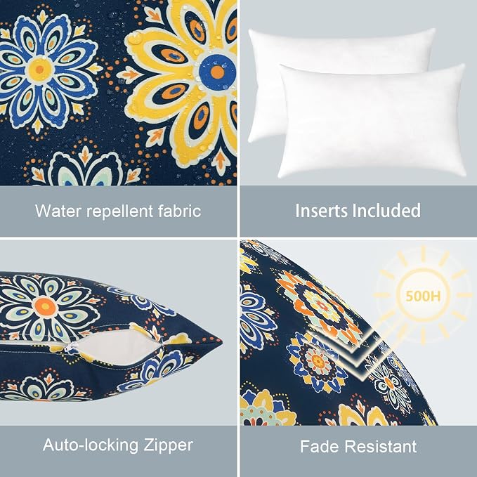 LVTLVTXIII 12×20 Inch Outdoor Lumbar Pillows, Pack of 2 Water Repellent Lumbar Pillow with Inserts, Fluffy Decorative Garden Lumbar Cushions for Home Patio Coach Sofa Use, Bloom Medallion‌ Cobalt