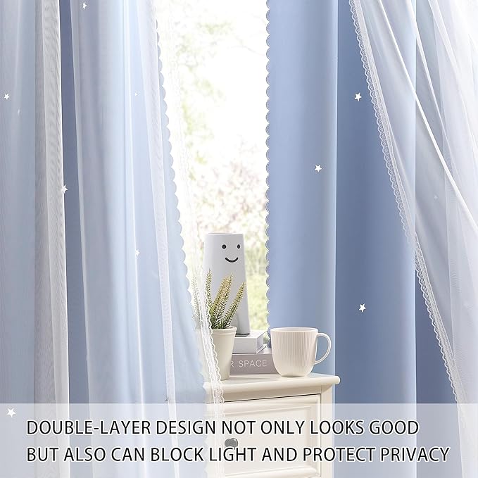 XiDi Blackout Short Curtain 2 Panels for Kitchen Cafe Light Blue Cut Out Hollow Star Curtains for Bedroom Girls Kids W42 x L45 Thermal Insulated Grommet Top Thermal Insulated Window Treatments 52x54