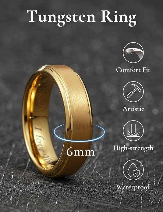 King Will Tungsten Carbide Wedding Band for Men Women-4/6/8mm Width 14K Gold Plated Tungsten Wedding Ring Matte Brushed & High Polished Style Comfort Fit Wedding Band Size 6-14