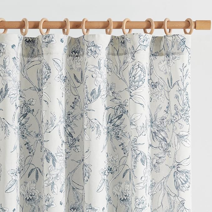 jinchan Floral Curtains 96 Inches Long Blue Flower Linen Farmhouse Curtain for Living Room French Country Vintage Curtain Rod Pocket Curtains Set 2 Panels Blue Floral Printed