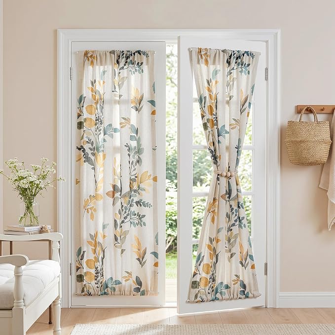 MYSKY HOME Floral Linen French Door Curtains 72 inch Long 2 Panels for Front Door Light Filtering Privacy Semi Sheer Window Curtains with Rod Pocket, Yellow and Blue, 24" W Each Panel