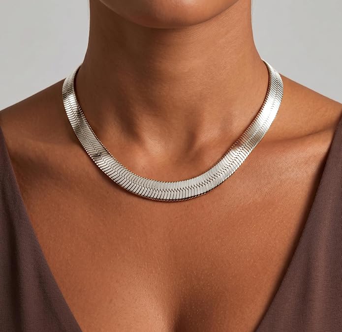 WomenGifts 14K Gold Silver Plated Herringbone Necklace for Women, Dainty Snake Chain Choker, Trendy Simple Long Layered Jewelry Non Tarnish, 3/4/5/8mm,14,16,18,20,22,24,26 Inch Thin & Chunky Options