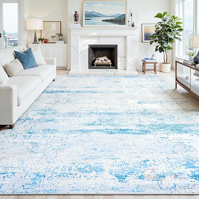 8x10 Area Rugs Washable Rug:Anti-Skid Abstract Modern Living Room Rug Soft Thin Carpets Indoor Floor Non-Shedding Carpet for Bedroom Dining Farmhouse Nursery Home Office(Light Blue/White/Beige, 8x10)