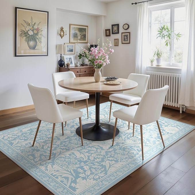 Bavni Vintage Floral Rugs 6x9, Washable Area Rug with Non Slip Backing, Low Pile for Living Room,Nursery,Bedroom & Home Decor, Lightweight Carpet, Light Blue