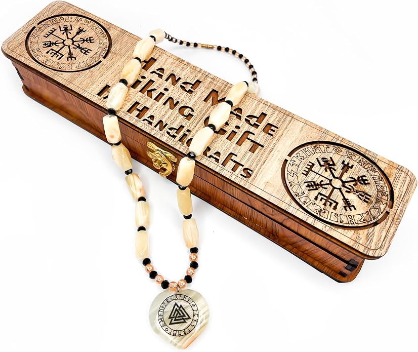 IA Handicraft Viking Necklace for Men & women pure onyx green stone Viking pendant Norse Viking Jewelry Gifts for him and her, viking compass Wooden box included