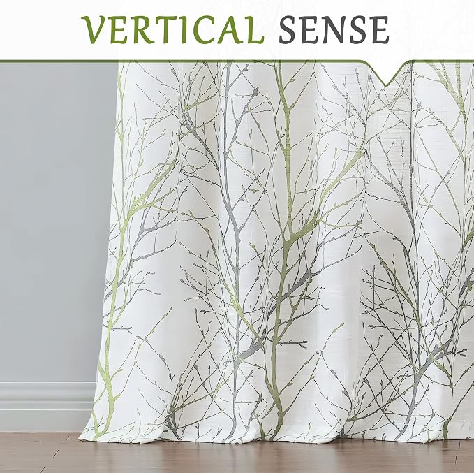 FMFUNCTEX Linen Sage Green White Semi Sheer Curtains 108 Inch Long 2 Panels | Extra Long Sheer Branch Patterned Drapes, Light Filtering Grommet Panels for Tall Bedroom, Living Room, and Farmhouse Windows