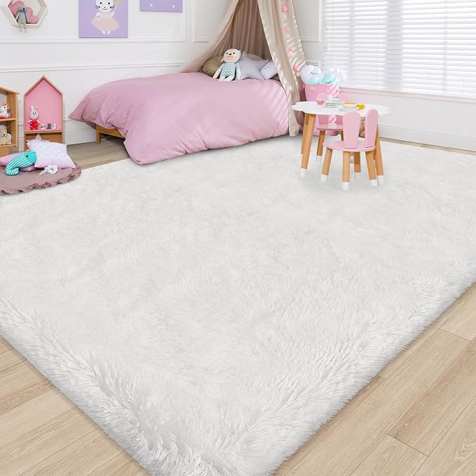 8x10 Area Rug for Living Room, Soft White Fluffy Rug for Bedroom Large Shaggy Carpet Fuzzy Modern Floor Decor Aesthetic, Nursery Playroom Plush Non-Slip Thick Rugs for Kids Girls Boys