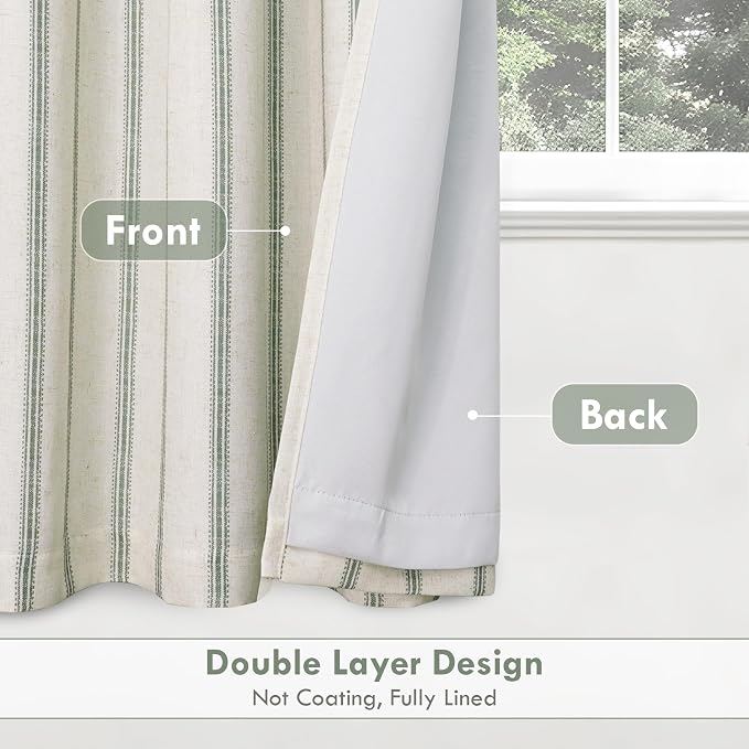 DriftAway Farmhouse Stripe Blackout Curtains, W52xL63, Loden Green | Blackout, Linen Texture, Stripe Pattern, Rod Pocket & Back Tab, Two Layers, Bedroom Living Room Use, Sound Reducing Design