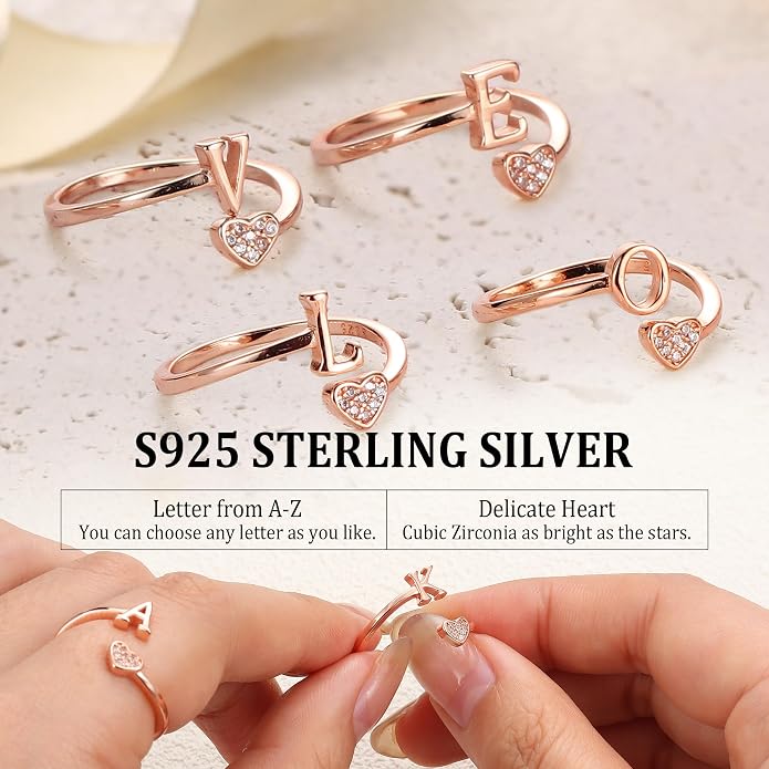 MILACOLATO 925 Sterling Silver Initial Rings for Women Teen Girl 18K Gold Plated Heart Initial Rings Adjustable Capital Letter Ring Stackable Thumb Pinky Rings for Daughter Birthday Bridesmaid Gifts Jewelry, A to Z