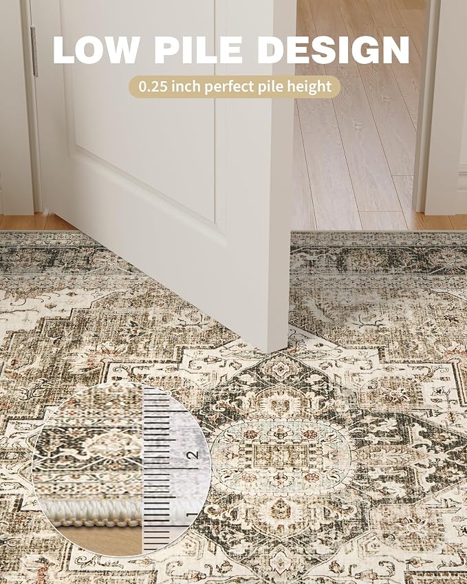 Roxstand 6x9 Washable Area Rug, Non Slip Living Room Rug Brown/Beige | Low Pile Vintage Rug, Stain Resistant, Non-Shedding Design, Pet & Kid Friendly, Carpet for Bedroom, Dining Room Office