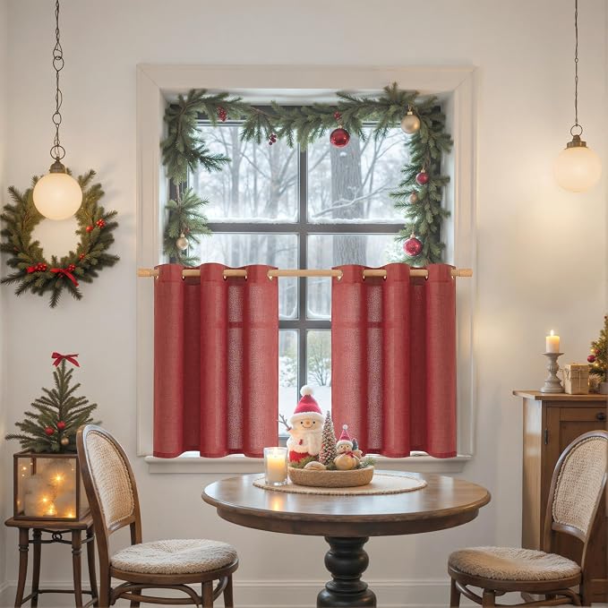 YoungsTex Burgundy Red Linen Curtains 36 Inch Length, Short Light Filtering Drapes Semi Sheer with Bronze Grommet Lightweight for Cafe Bathroom Window, 42 x 36 Inch, 2 Panels