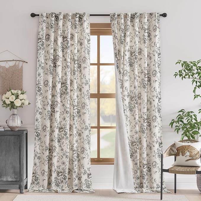 jinchan Floral Linen Blackout Curtains Lined 102 Inch Back Tab 2 Panels | Blackout lining, room darkening drapes, farmhouse, vintage, cottagecore, rustic, bedroom, living room, window treatment
