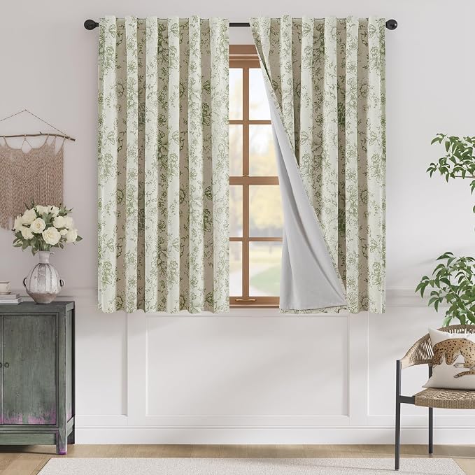 jinchan Green Floral Linen Blackout Curtains 63 Inch Back Tab 2 Panels | Blackout lining, room darkening drapes, farmhouse, vintage, cottagecore, rustic, bedroom, living room, window treatment