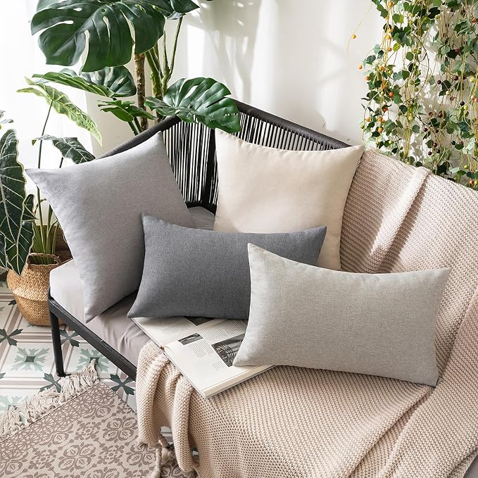 MIULEE Pack of 2 Decorative Outdoor Solid Waterproof Throw Pillow Covers Faux Linen Garden Farmhouse Cushion Cases for Patio Tent Balcony Couch Sofa 20x20 Inch Light Grey