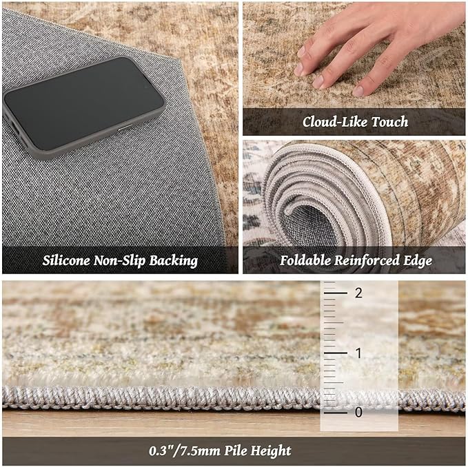 Boho Washable 8x10 Area Rugs for Living Room, Cushioned, Brown | Vintage Non-slip Neutral Oriental Rugs for Bedroom Dining Room Nursery Office High Traffic Area