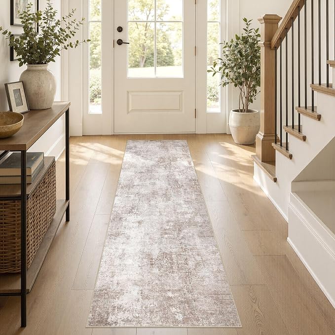 Machine Washable Runner Rug 2x6, Non Slip Soft Rug for Hallway | Modern Abstract Carpet, Stain Resistant and Kid & Pet Friendly, Low Pile Joint Friendly, Made for Kitchen, Bedside - Brown