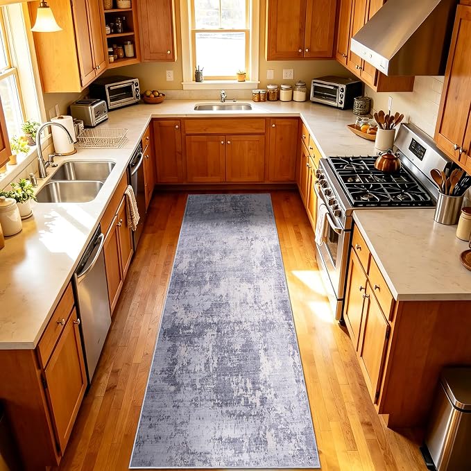2'6x10 Runner Rug Washable Rug Vintage Abstract Hallway Runner Non-Slip Soft Low Pile Distressed Floor Carpet Retro Doormat for Kitchen Bedroom Laundry Entryway Bathroom Light Gray & Cream 2'6"x10'