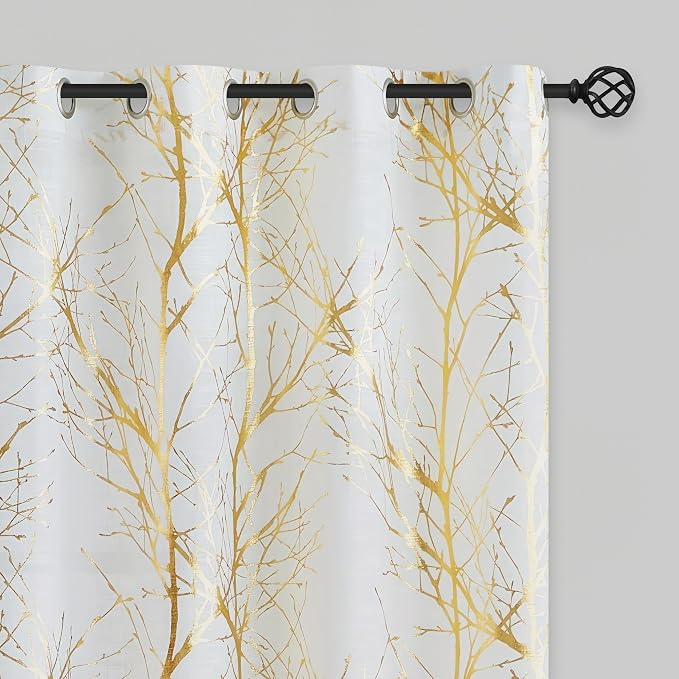 FMFUNCTEX Linen Gold White Semi Sheer Print Curtains 54 Inch Long 2 Panels | Metallic Branch Sheer Patterned Drapes, Light Filtering Grommet Panels for Modern Farmhouse Bedroom and Living Room Style