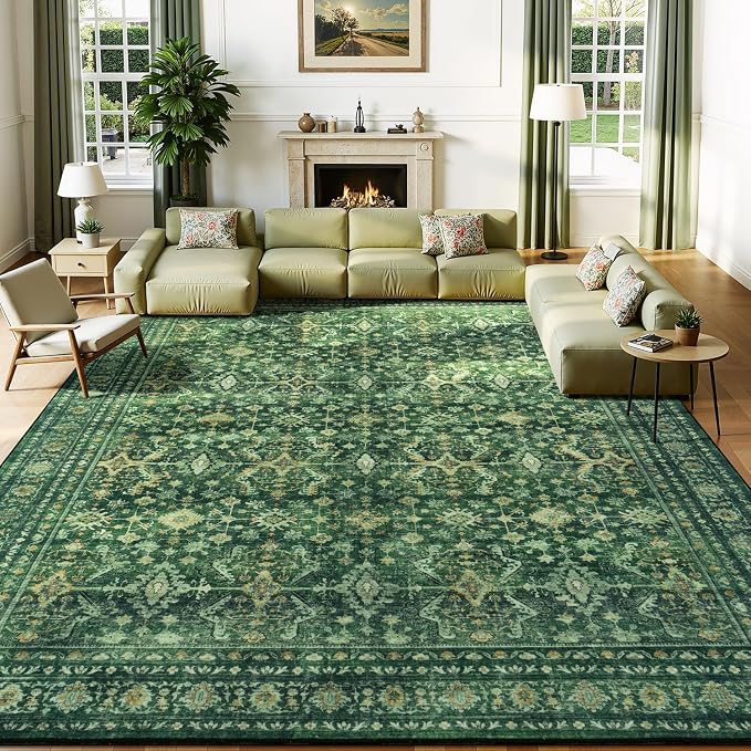 Lessymo 6x9 Washable Area Rug with Non Slip Backing,Soft Boho Indoor Carpets for Living Room Bedroom Nursery, Kid and Pet Friendly, Green