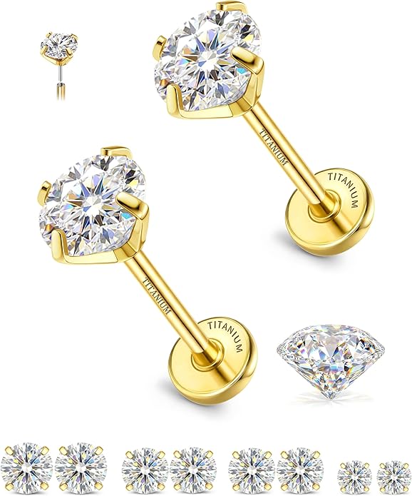 GEMQUEEN 8 PCS Moissanite ＆ Implant Grade G23 Titanium Nose Studs Flat Back Earrings Hypoallergenic : 14K Gold Plated Nose Rings 20G Push in Threadless Cartilage Helix Piercing Jewelry for Women Men