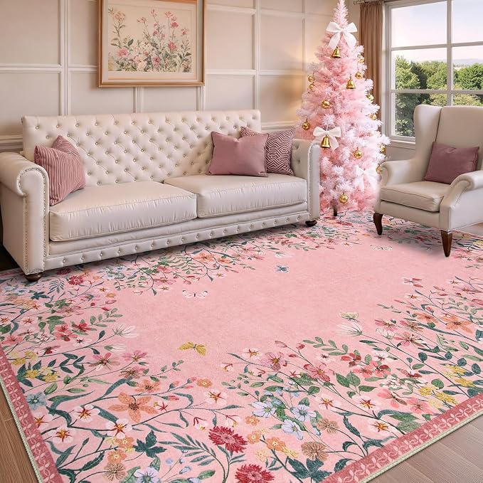 Wonnitar 9x12 Washable Area Rug, Pink Floral Rug for Living Room, Boho Large Non Slip Bedroom Carpet, Cute Botanical Nursery Rug, Soft Low Pile Kids Playroom Decor (9x12 Pink)