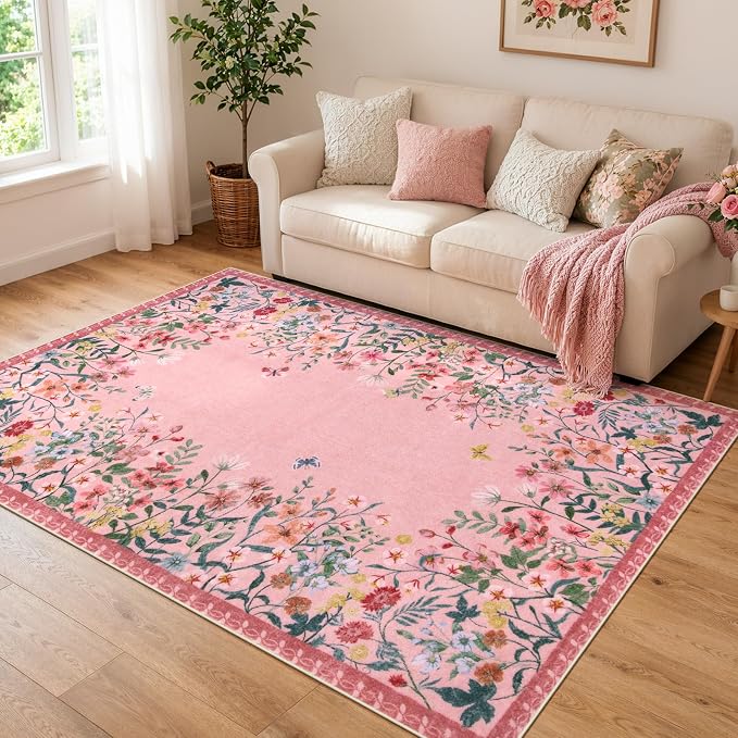 Wonnitar 5x7 Washable Area Rug, Pink Floral Rug for Living Room, Cute Boho Rug for Girls Bedroom, Non Slip Soft Nursery Carpet, Farmhouse Kids Room Decor (5x7 Pink)