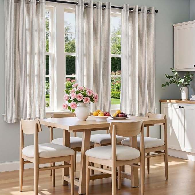 Vangao Linen Striped Curtains for Living Room Bedroom Farmhouse Tickingstripe Light Filtering Window Curtains Printed Drapes Grommet Top 2 Panels Taupe Grey W50 x L63 Inch