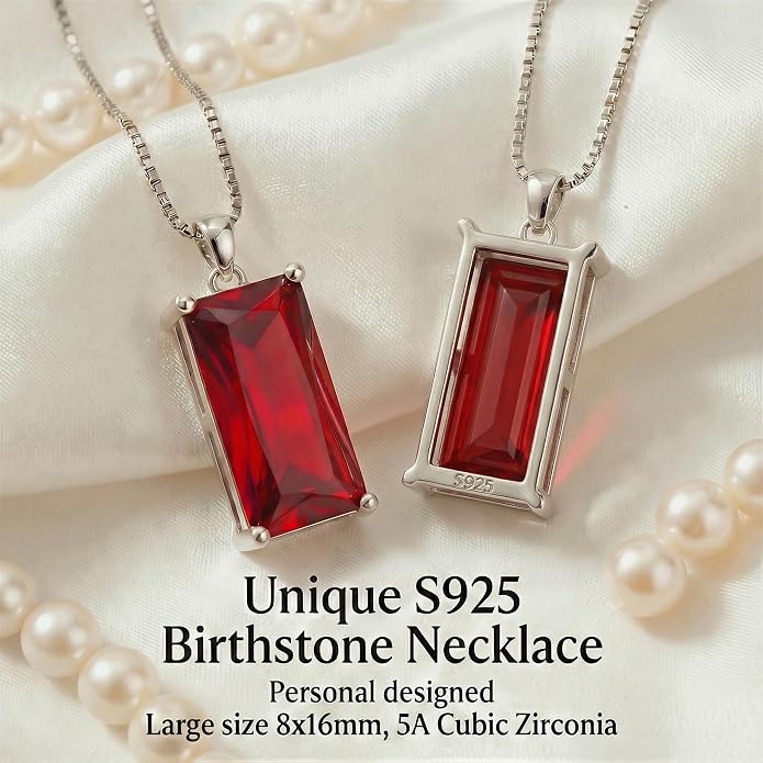 8mm x 16mm Square Birthstone Pendant Necklace – Fashion charming Sterling Silver Gift for women
