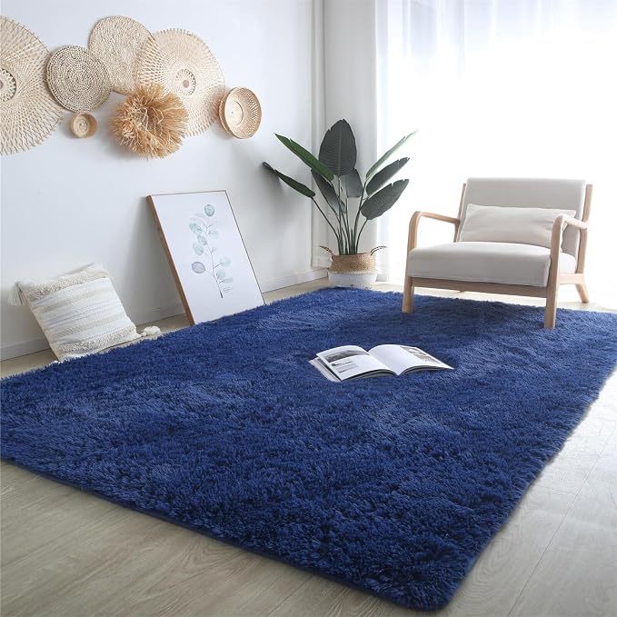 Blue Shag Area Rug 6x9 Living Room - Soft Fluffy Non-Skid Carpet | Soft Small Living Room Pick: Microfiber Memory Foam Delivers Cloud-Like Barefoot Comfort - The Coziest Spot Kids Love